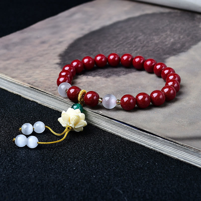 Buddha Stones Pulsera con dije de loto de marfil ojo de gato de cinabrio natural y bendición - image 2