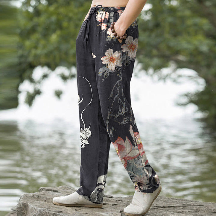 Buddha Stones Pantalones de hombre de algodón con estampado de dragón oriental y loto, corte ajustado y bolsillos. - image 1