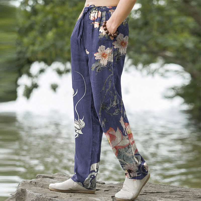 Buddha Stones Pantalones de hombre de algodón con estampado de dragón oriental y loto, corte ajustado y bolsillos. - image 5
