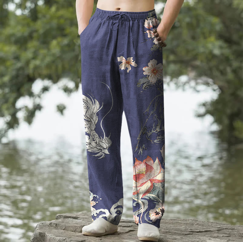 Buddha Stones Pantalones de hombre de algodón con estampado de dragón oriental y loto, corte ajustado y bolsillos. - Marina de guerra - US/UK/AU50, EU60 (5XL) - image 4