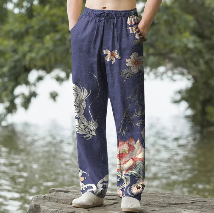 Buddha Stones Pantalones de hombre de algodón con estampado de dragón oriental y loto, corte ajustado y bolsillos. - Marina de guerra - US/UK/AU50, EU60 (5XL) - image 4