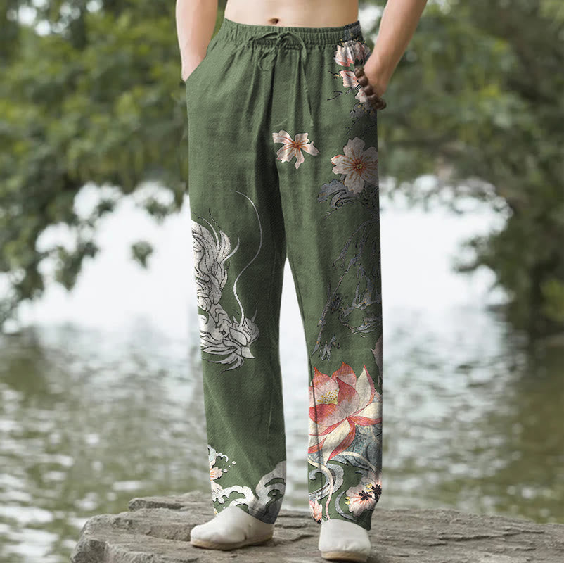 Buddha Stones Pantalones de hombre de algodón con estampado de dragón oriental y loto, corte ajustado y bolsillos. - Verde oliva oscuro - US/UK/AU50, EU60 (5XL) - image 6