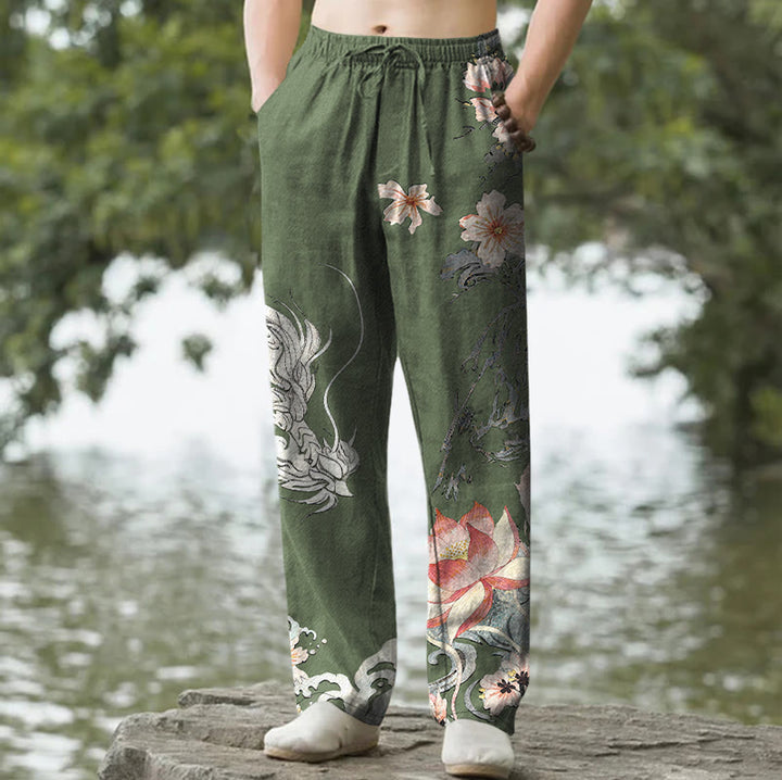Buddha Stones Pantalones de hombre de algodón con estampado de dragón oriental y loto, corte ajustado y bolsillos. - Verde oliva oscuro - US/UK/AU50, EU60 (5XL) - image 6