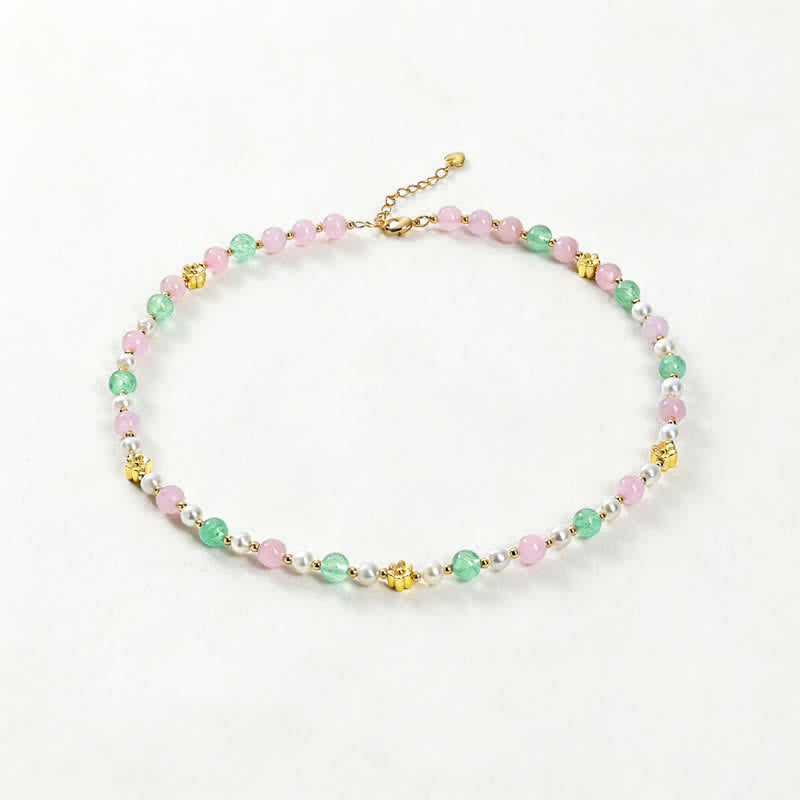 Buddha Stones Collar de la paz con cuentas de perlas de cuarzo rosa natural verde fresa - Cuarzo rosa natural, cuarzo verde fresa (el color puede variar). - image 0