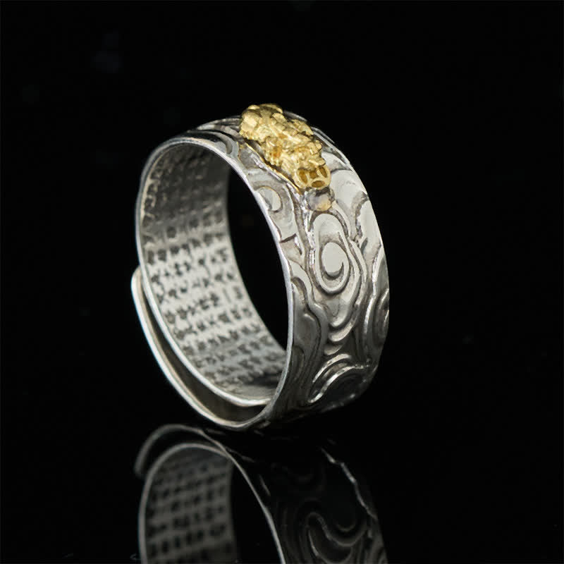 Buddha Stones Anillo de la riqueza ajustable de cobre Pixiu Heart Sutra - image 1