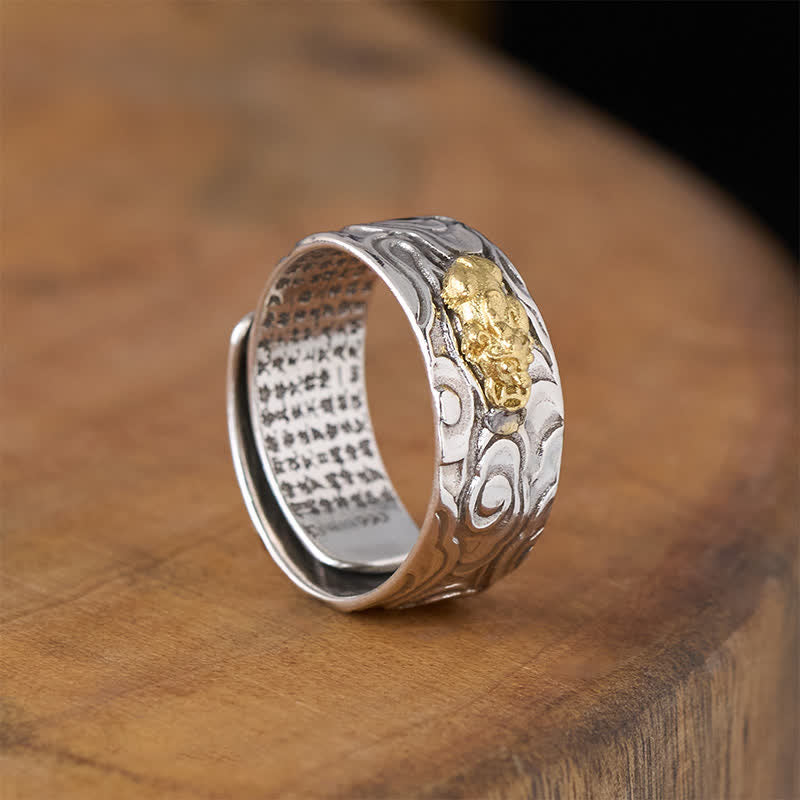 Buddha Stones Anillo de la riqueza ajustable de cobre Pixiu Heart Sutra - image 4