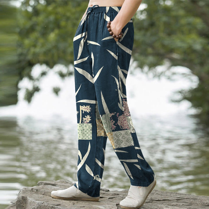 Buddha Stones Pantalones de hombre de algodón con estampado de retazos de hojas de bambú y corte ajustado, con bolsillos. - image 5