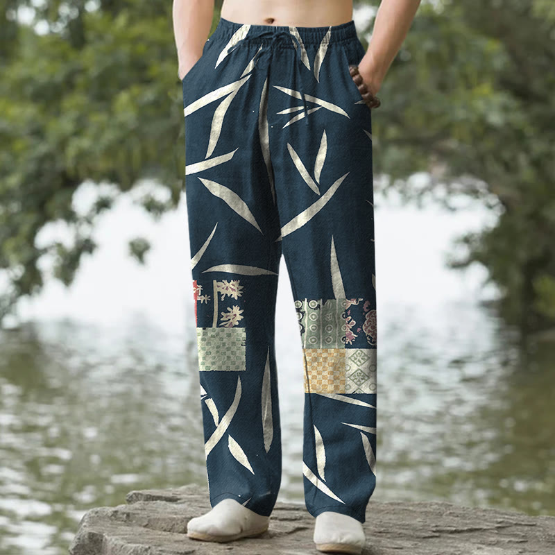 Buddha Stones Pantalones de hombre de algodón con estampado de retazos de hojas de bambú y corte ajustado, con bolsillos. - Marina de guerra - US/UK/AU50, EU60 (5XL) - image 4