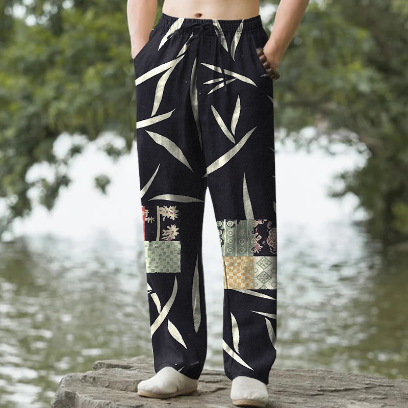 Buddha Stones Pantalones de hombre de algodón con estampado de retazos de hojas de bambú y corte ajustado, con bolsillos. - Negro - US/UK/AU50, EU60 (5XL) - image 6