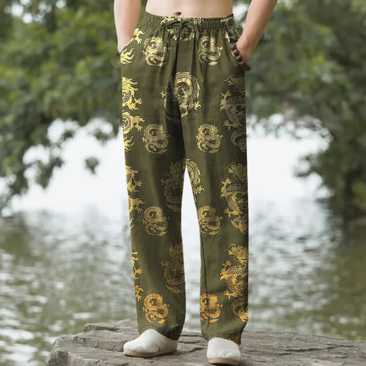 Buddha Stones Pantalones de hombre de algodón con estampado de dragón dorado, corte ajustado y bolsillos. - Verde amarillento - US/UK/AU50, EU60 (5XL) - image 6
