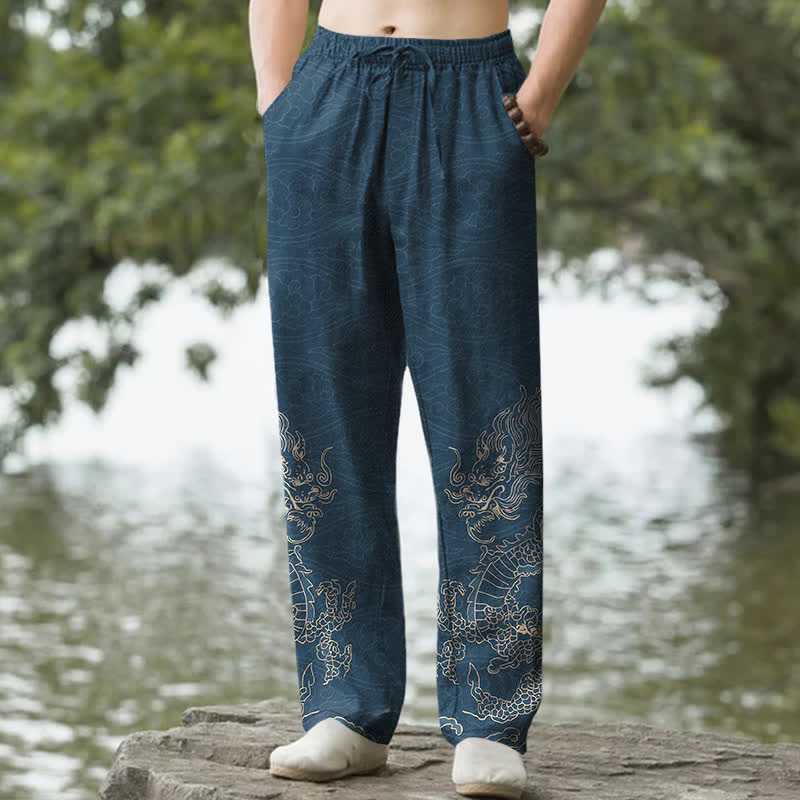 Buddha Stones Pantalones de hombre de algodón con estampado de nubes y dragones dorados, corte ajustado y bolsillos. - Azul acero - US/UK/AU50, EU60 (5XL) - image 6