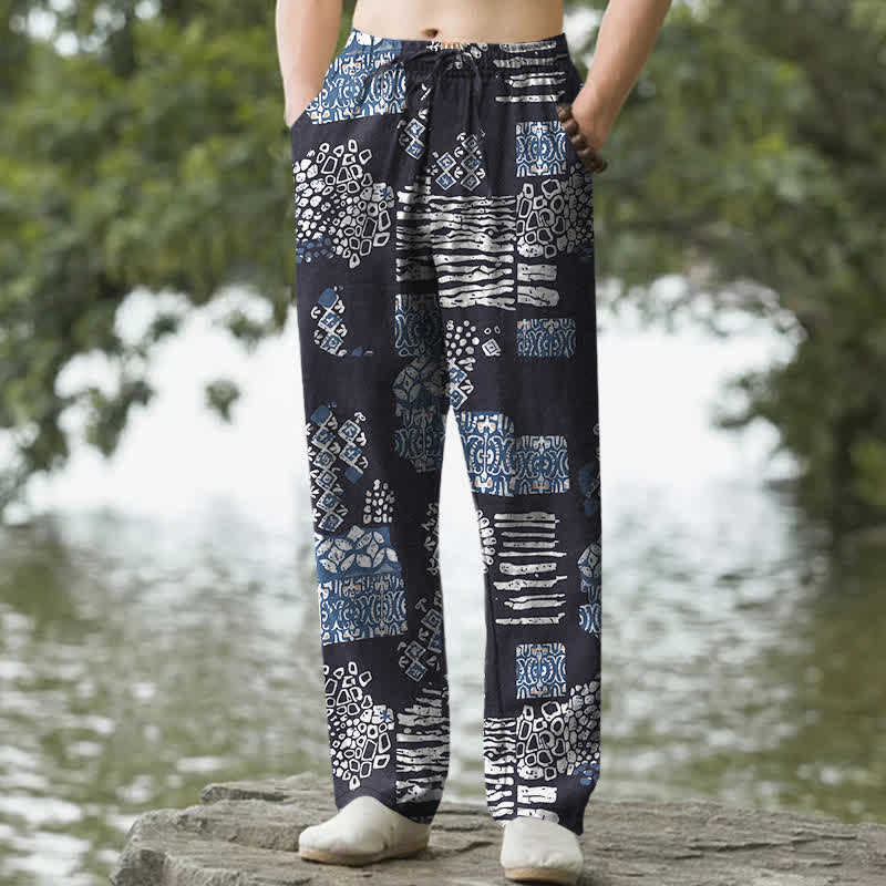 Buddha Stones Pantalones de hombre de algodón con estampado geométrico tipo patchwork y corte ajustado, con bolsillos. - Marina de guerra - US/UK/AU50, EU60 (5XL) - image 0