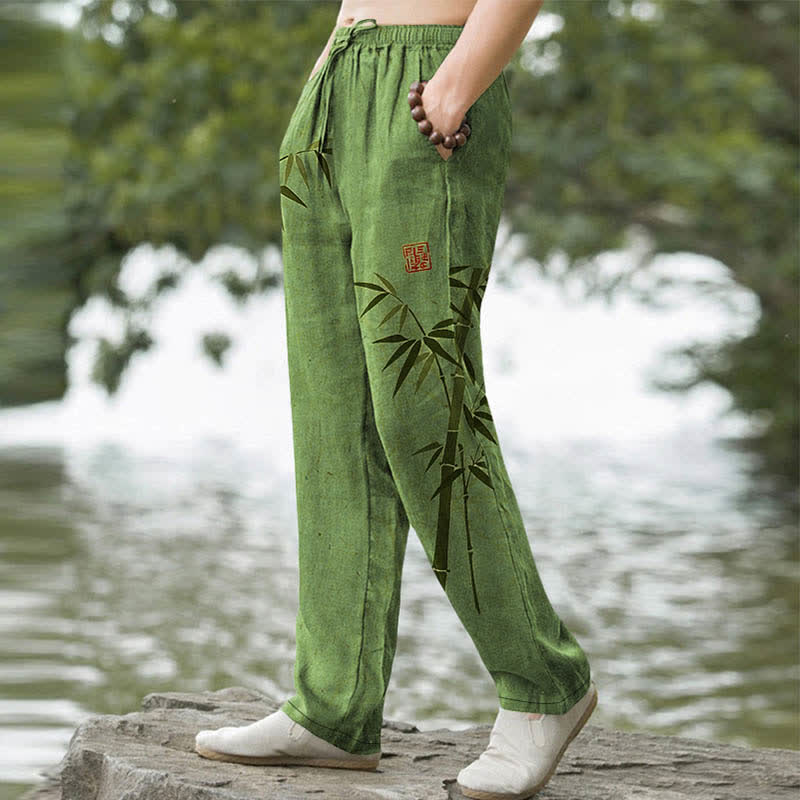 Buddha Stones Pantalones de hombre de algodón con estampado de hojas de bambú y corte ajustado, con bolsillos. - image 1