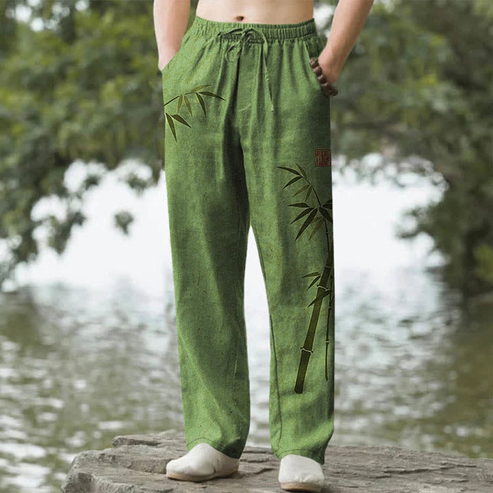 Buddha Stones Pantalones de hombre de algodón con estampado de hojas de bambú y corte ajustado, con bolsillos. - Verde oliva - US/UK/AU50, EU60 (5XL) - image 0