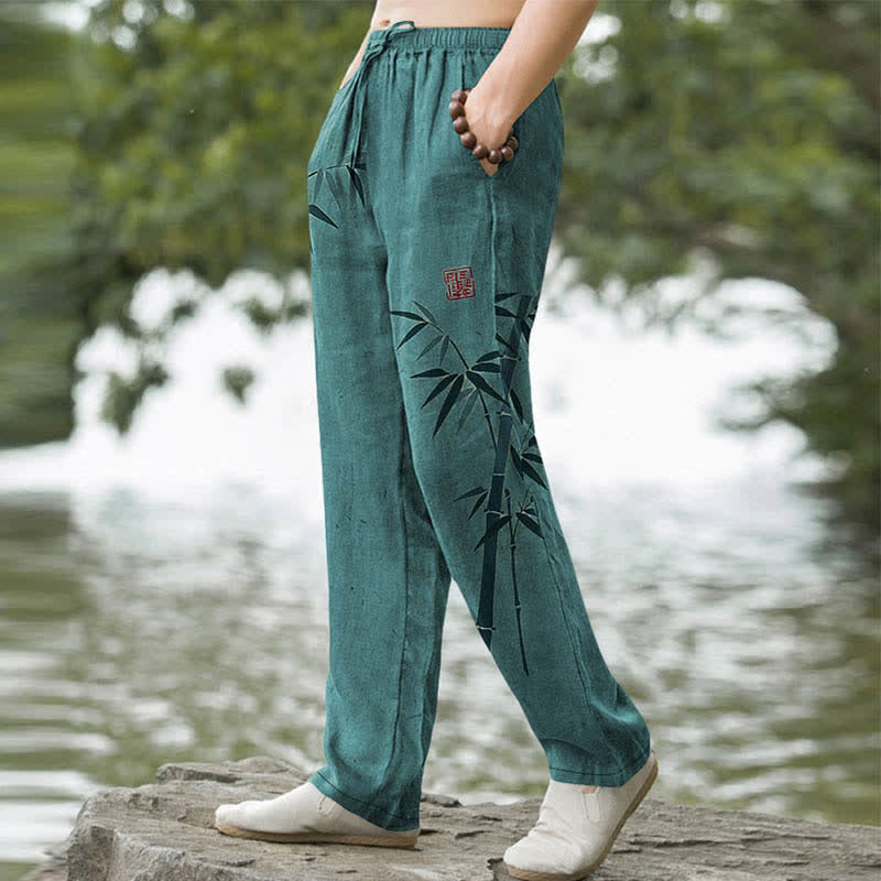 Buddha Stones Pantalones de hombre de algodón con estampado de hojas de bambú y corte ajustado, con bolsillos. - image 5