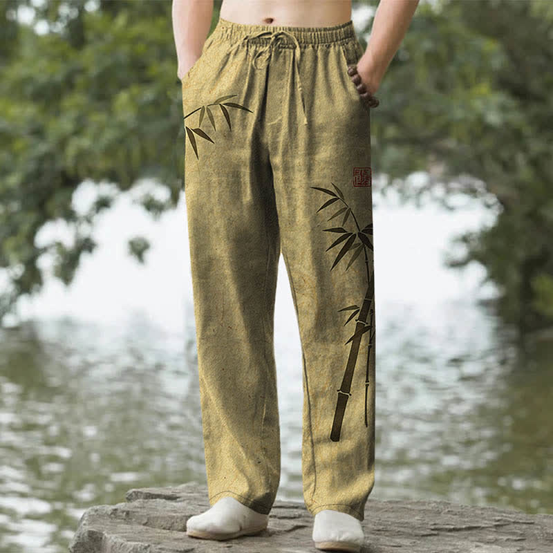 Buddha Stones Pantalones de hombre de algodón con estampado de hojas de bambú y corte ajustado, con bolsillos. - Caqui oscuro - US/UK/AU50, EU60 (5XL) - image 6
