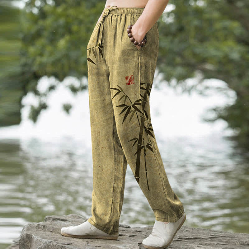 Buddha Stones Pantalones de hombre de algodón con estampado de hojas de bambú y corte ajustado, con bolsillos. - image 7