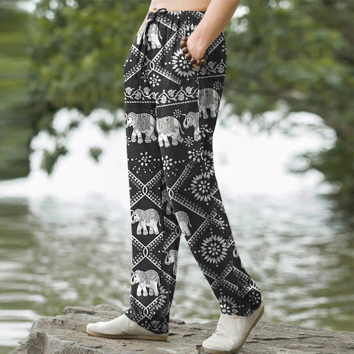 Buddha Stones Pantalones de hombre de algodón con estampado de mandala de elefante y corte ajustado, con bolsillos. - image 1