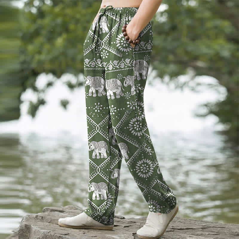 Buddha Stones Pantalones de hombre de algodón con estampado de mandala de elefante y corte ajustado, con bolsillos. - image 5
