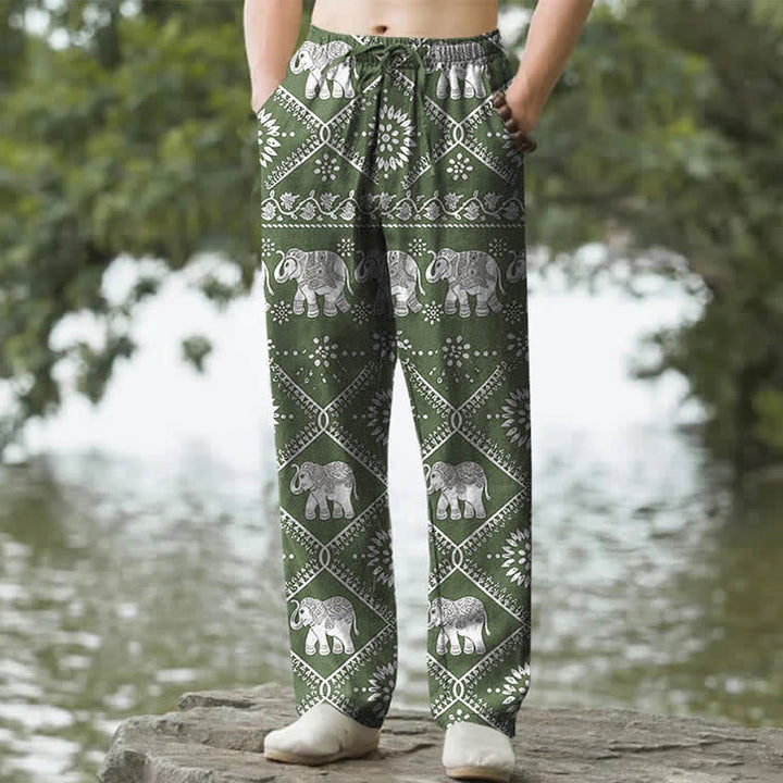 Buddha Stones Pantalones de hombre de algodón con estampado de mandala de elefante y corte ajustado, con bolsillos. - Verde oliva - US/UK/AU50, EU60 (5XL) - image 4