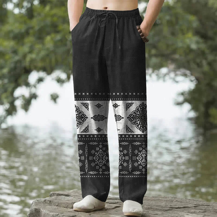 Buddha Stones Pantalones de hombre ajustados con bolsillos, estampado de mosaico de pañuelo de algodón - Negro - US/UK/AU50, EU60 (5XL) - image 0