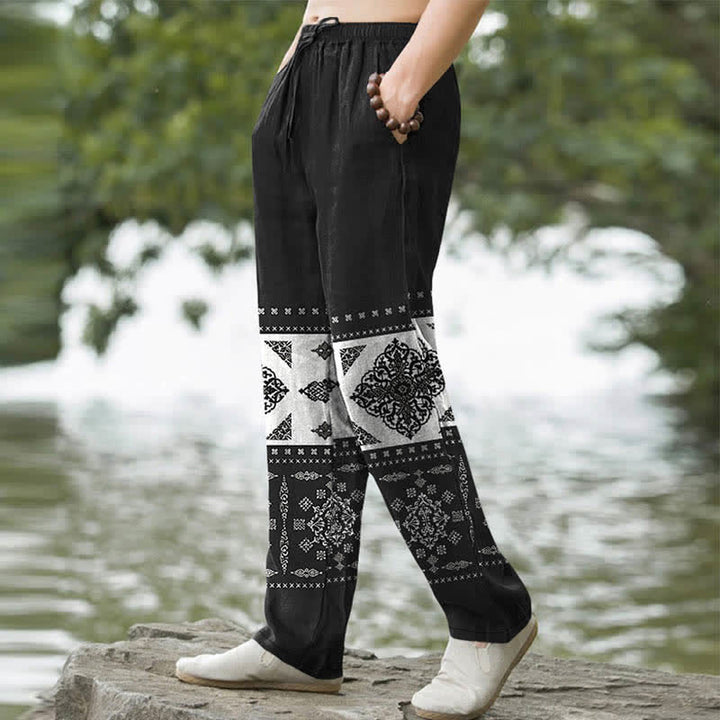 Buddha Stones Pantalones de hombre ajustados con bolsillos, estampado de mosaico de pañuelo de algodón - image 1