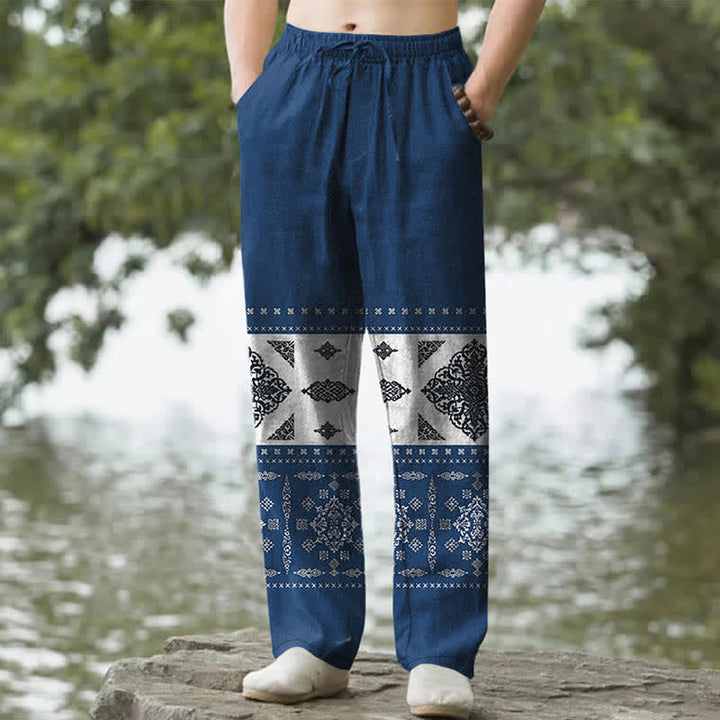 Buddha Stones Pantalones de hombre ajustados con bolsillos, estampado de mosaico de pañuelo de algodón - Marina de guerra - US/UK/AU50, EU60 (5XL) - image 6