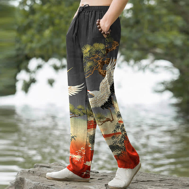 Buddha Stones Pantalones de hombre ajustados con bolsillos, estampado de paisaje de templo de pino y grulla de algodón. - image 7