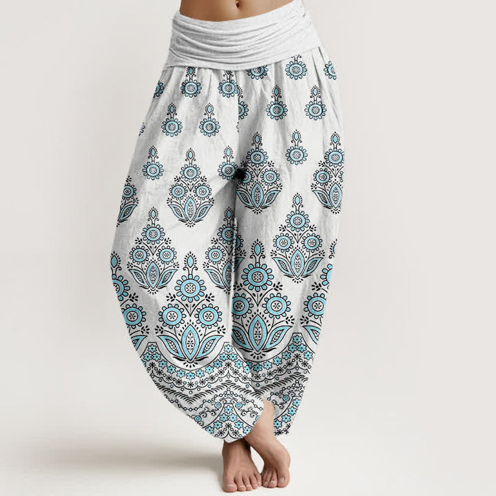 Buddha Stones Pantalones harem de algodón puro con estampado floral de mandala y cintura elástica para mujer. - Cian - US16，UK/AU20，EU48 (3XL) - image 0