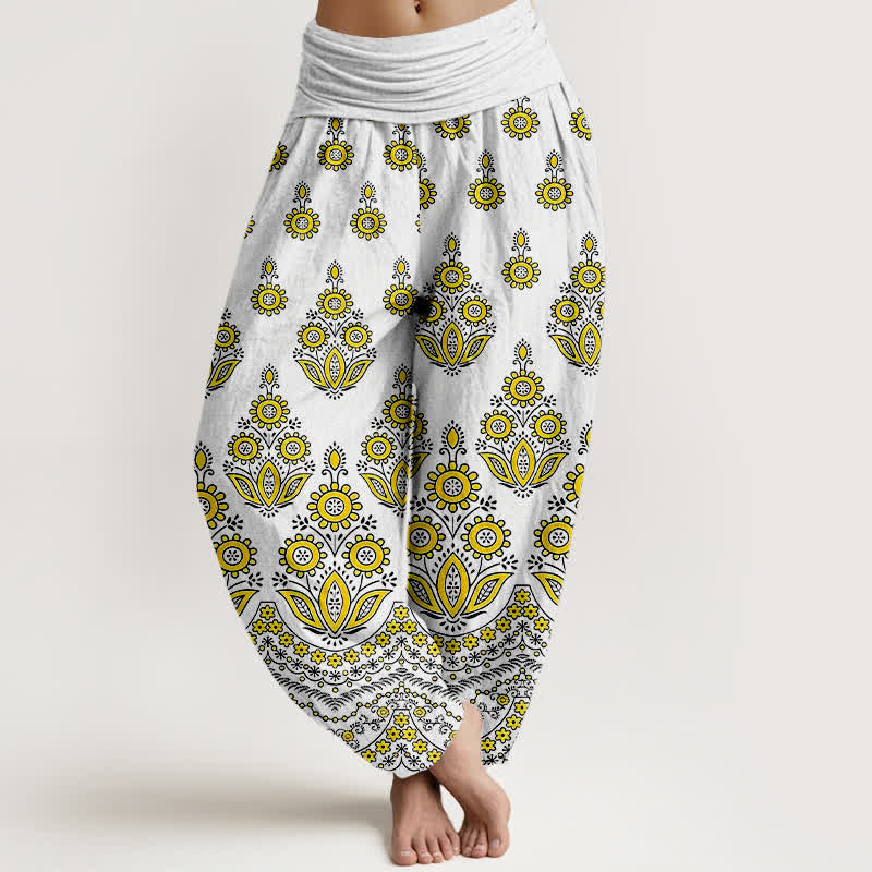 Buddha Stones Pantalones harem de algodón puro con estampado floral de mandala y cintura elástica para mujer. - Amarillo - US16，UK/AU20，EU48 (3XL) - image 3