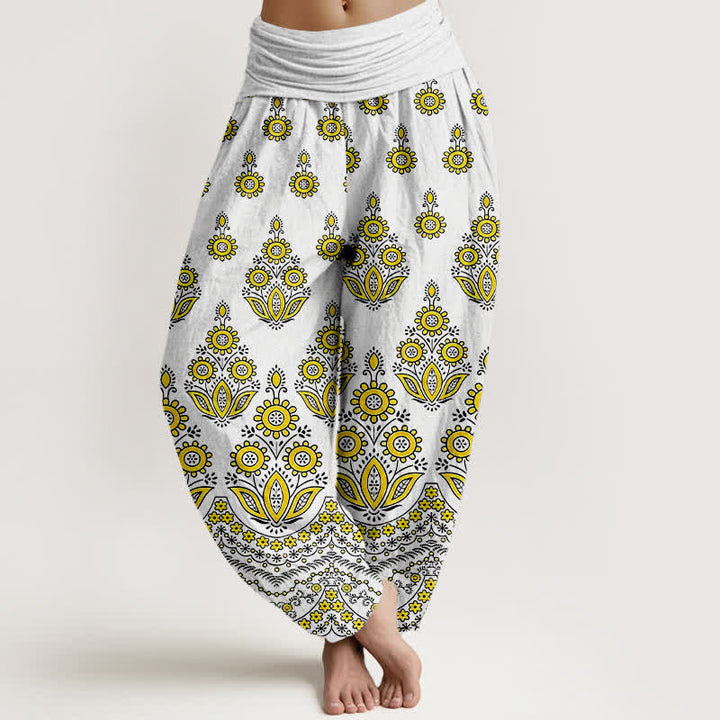 Buddha Stones Pantalones harem de algodón puro con estampado floral de mandala y cintura elástica para mujer. - Amarillo - US16，UK/AU20，EU48 (3XL) - image 3