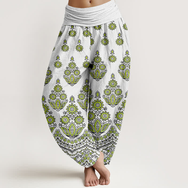 Buddha Stones Pantalones harem de algodón puro con estampado floral de mandala y cintura elástica para mujer. - Verde claro - US16，UK/AU20，EU48 (3XL) - image 6