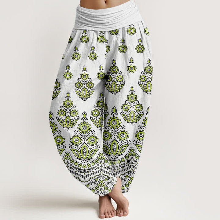 Buddha Stones Pantalones harem de algodón puro con estampado floral de mandala y cintura elástica para mujer. - Verde claro - US16，UK/AU20，EU48 (3XL) - image 6