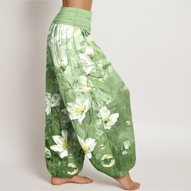 Buddha Stones Pantalones harem de mujer con cintura elástica, estampado de loto blanco acuarela de algodón puro para mujer. - image 1
