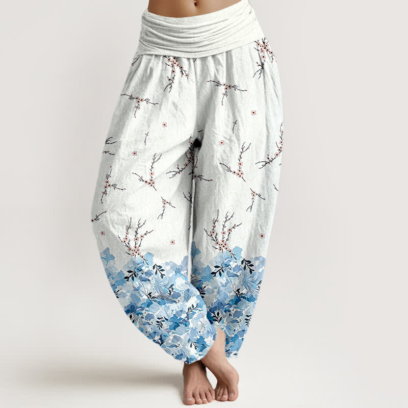 Buddha Stones Pantalones harem de algodón estilo boho con estampado floral de ramas y cintura elástica para mujer. - Azul cielo claro - US16，UK/AU20，EU48 (3XL) - image 6