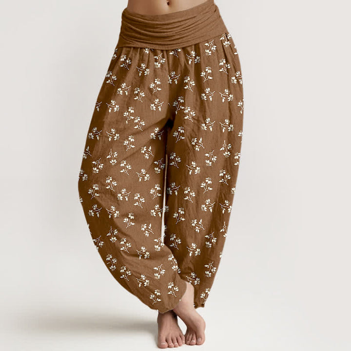 Buddha Stones Pantalones harem de algodón con estampado floral blanco y cintura elástica para mujer. - Marrón silla de montar - US16，UK/AU20，EU48 (3XL) - image 0