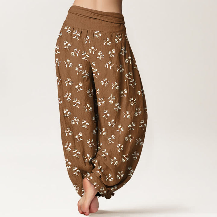 Buddha Stones Pantalones harem de algodón con estampado floral blanco y cintura elástica para mujer. - image 2