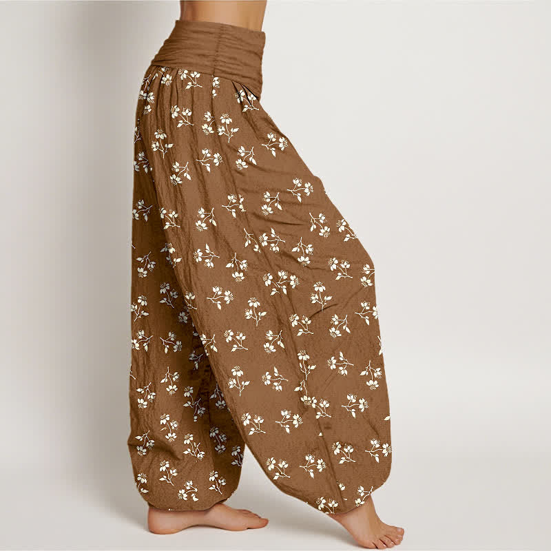 Buddha Stones Pantalones harem de algodón con estampado floral blanco y cintura elástica para mujer. - image 1