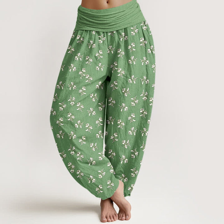 Buddha Stones Pantalones harem de algodón con estampado floral blanco y cintura elástica para mujer. - Verde claro - US16，UK/AU20，EU48 (3XL) - image 3