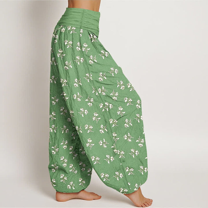Buddha Stones Pantalones harem de algodón con estampado floral blanco y cintura elástica para mujer. - image 4