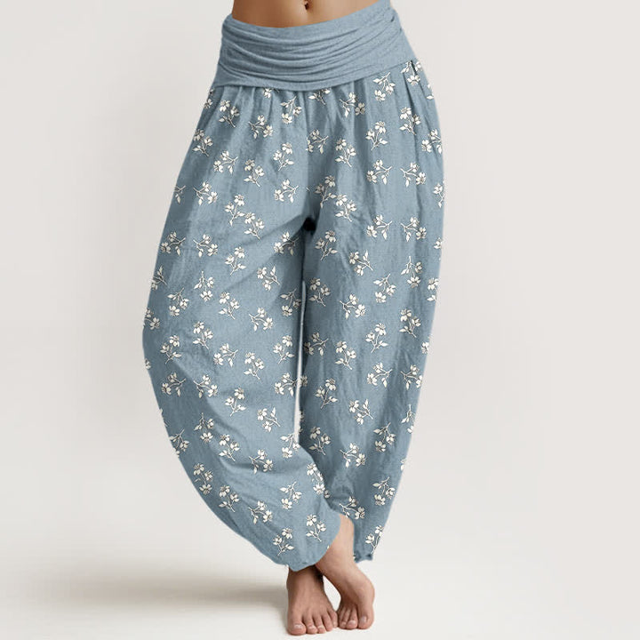 Buddha Stones Pantalones harem de algodón con estampado floral blanco y cintura elástica para mujer. - Azul claro - US16，UK/AU20，EU48 (3XL) - image 6