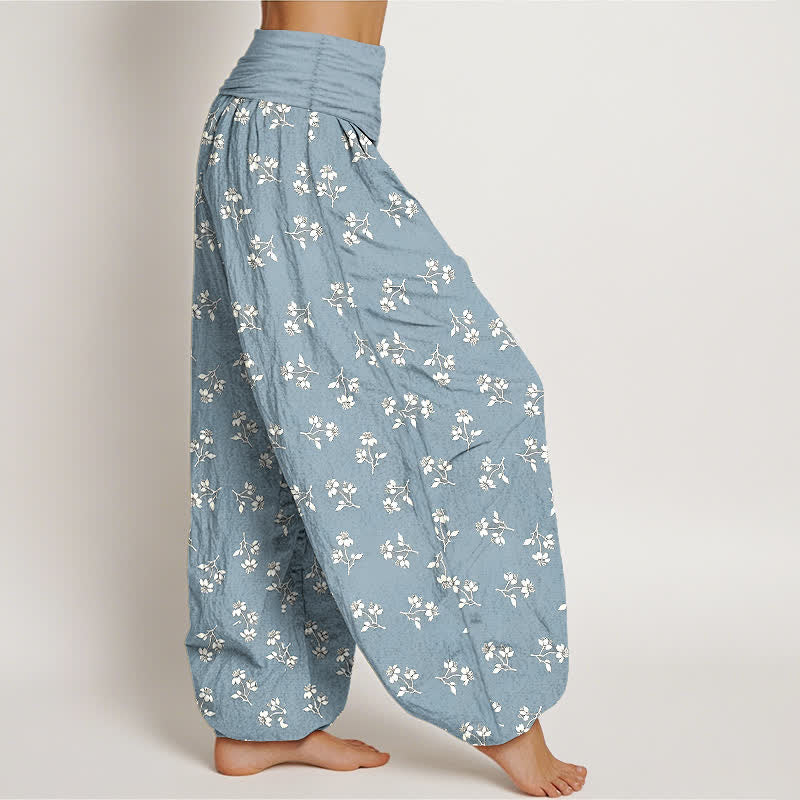 Buddha Stones Pantalones harem de algodón con estampado floral blanco y cintura elástica para mujer. - image 7