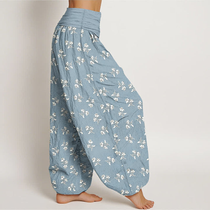 Buddha Stones Pantalones harem de algodón con estampado floral blanco y cintura elástica para mujer. - image 7