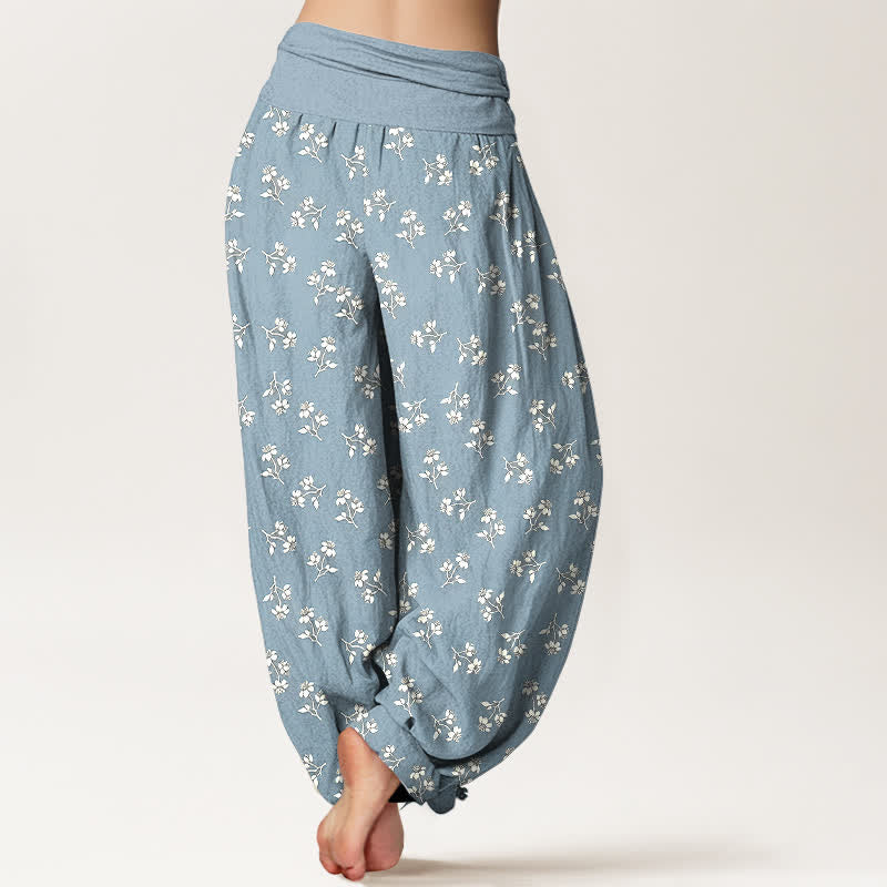 Buddha Stones Pantalones harem de algodón con estampado floral blanco y cintura elástica para mujer. - image 8