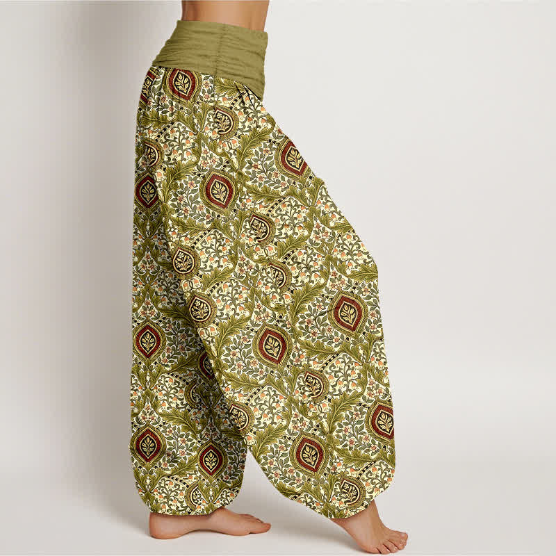 Buddha Stones Pantalones harem de mujer con cintura elástica, estampado paisley de rombos y algodón puro para mujer. - image 1