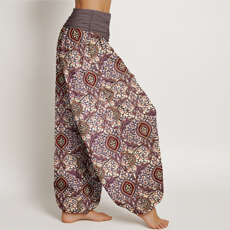 Buddha Stones Pantalones harem de mujer con cintura elástica, estampado paisley de rombos y algodón puro para mujer. - image 4