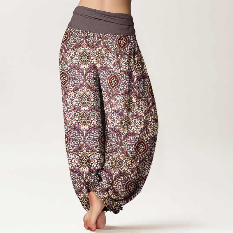 Buddha Stones Pantalones harem de mujer con cintura elástica, estampado paisley de rombos y algodón puro para mujer. - image 5