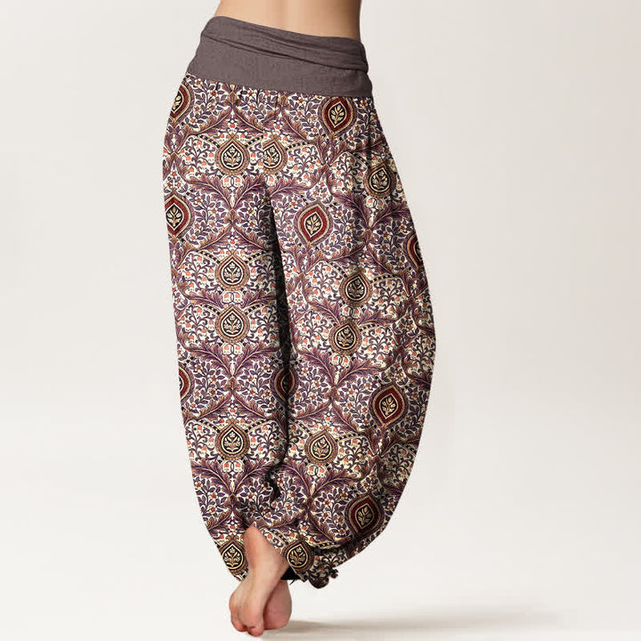Buddha Stones Pantalones harem de mujer con cintura elástica, estampado paisley de rombos y algodón puro para mujer. - image 5