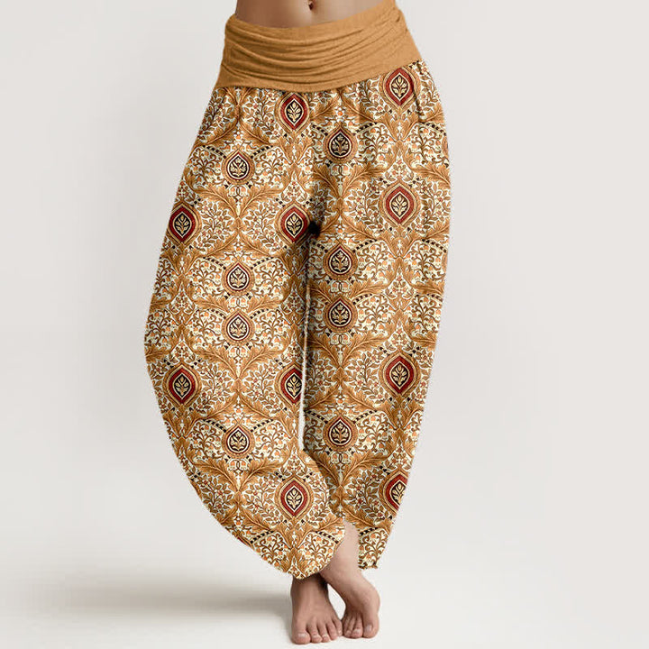 Buddha Stones Pantalones harem de mujer con cintura elástica, estampado paisley de rombos y algodón puro para mujer. - vara de oro - US16，UK/AU20，EU48 (3XL) - image 6