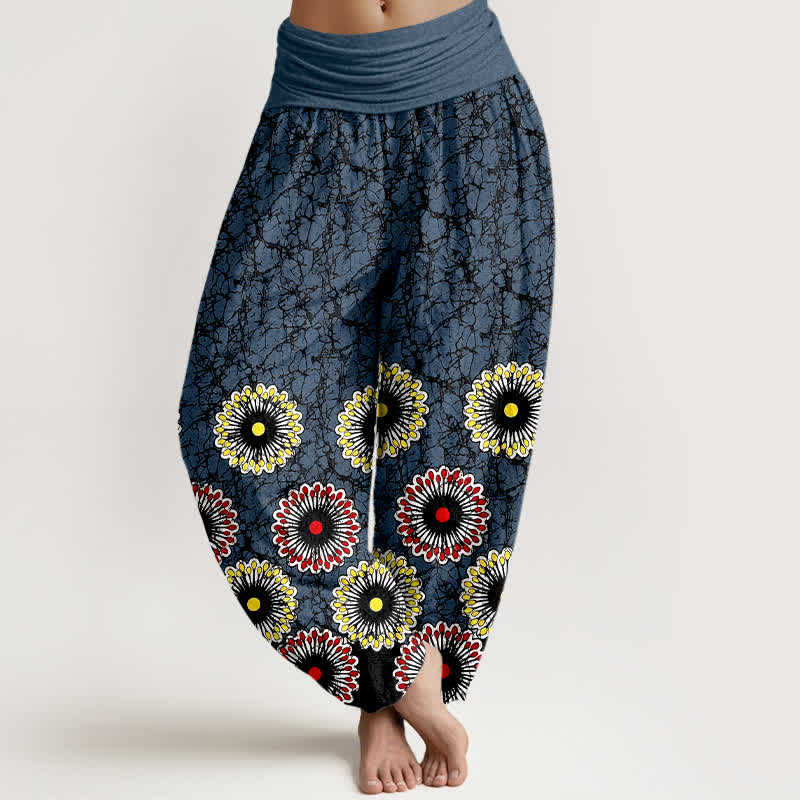 Buddha Stones Pantalones harem de mujer con cintura elástica y estampado floral de algodón puro. - Azul oscuro - US16，UK/AU20，EU48 (3XL) - image 0
